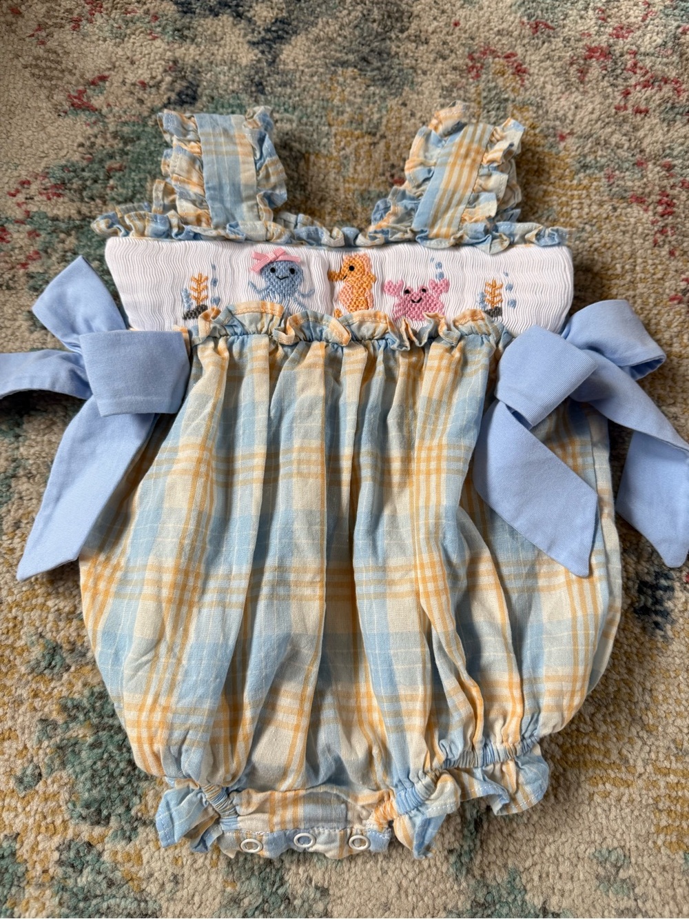 Embroidered Plaid Bubble Romper with ocean characters